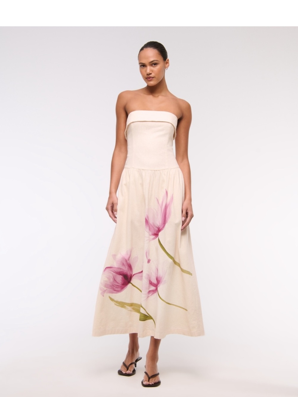 Abercrombie & Fitch Strapless Drop Waist Linen-Blend Cream Maxi Dress